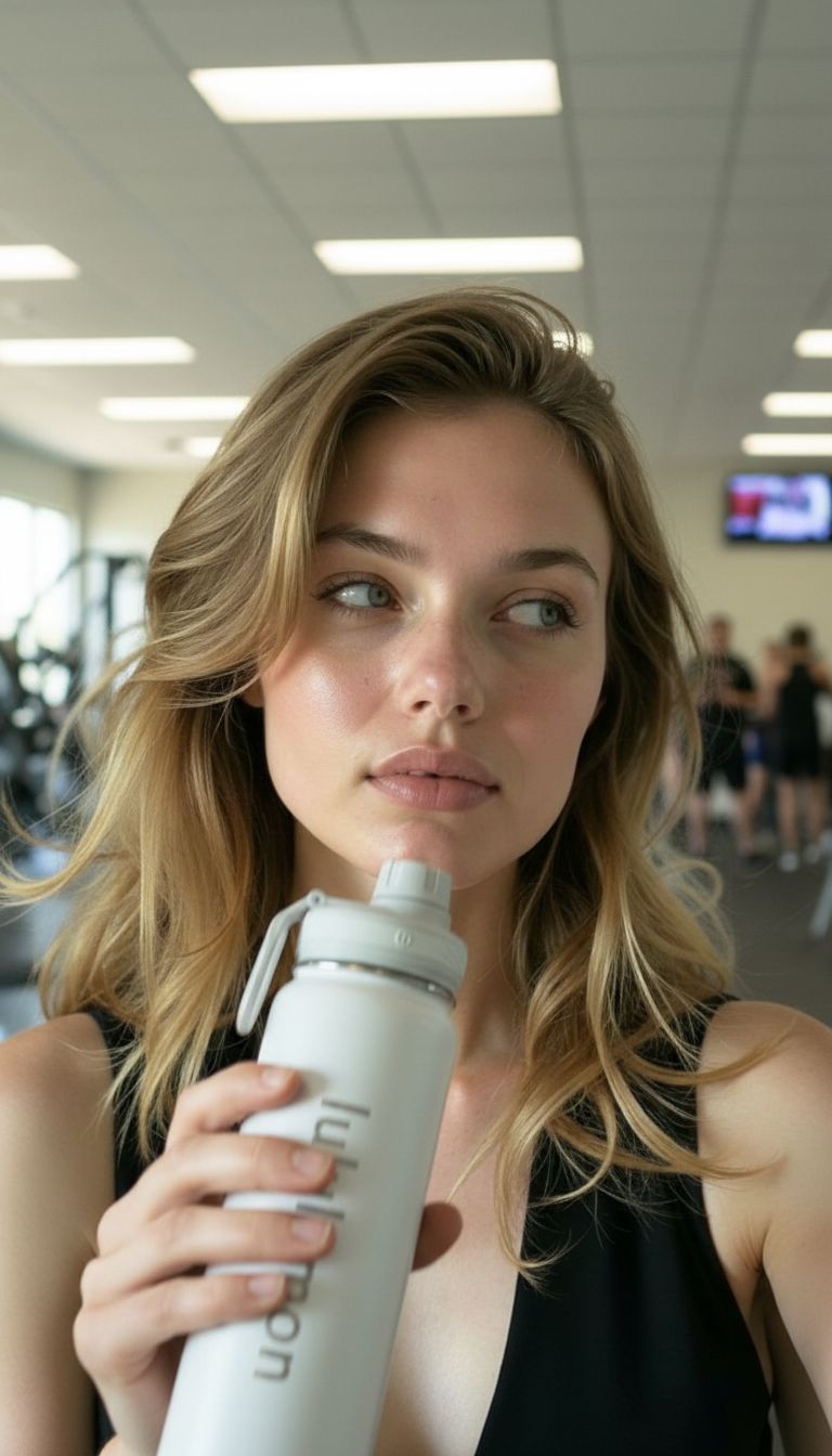 UGC sport : portrait salle de sport, regard de côté, gourde à la main