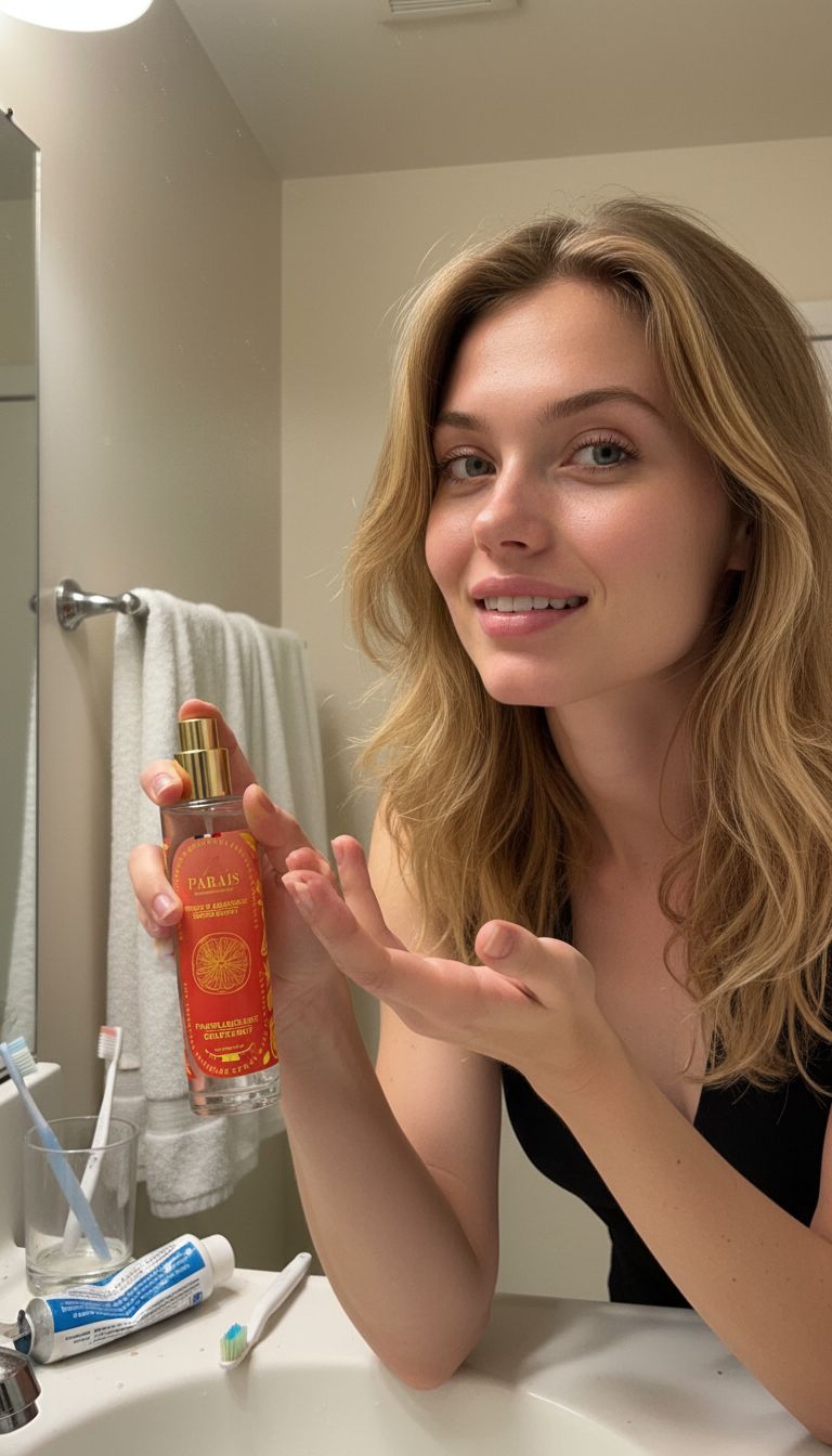 UGC beauté : selfie miroir de salle de bain avec un flacon de parfum